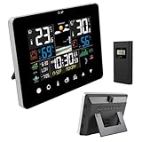 JSUDQR Stazioni Meteo Tasto Tattile con Sensore Esterno Monitor del Temperatura/Umidità/Barometro/Sfondo del cielo/Fase lunare/Orologio/Calendario per Casa Giardino Ufficio