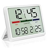 Vemfay Igrometro Termometro per Interni, Digitale LCD Igrometro Interno con Indicatore di Clima Della Stanza, Temperatura e Umidità con Orologio e Data per Controllo Climatico Ambiente, Bianco