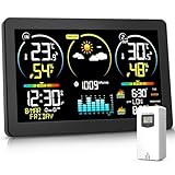 Stazione Meteo con Sensore Esterno, Termometro Digitale Senza Fili con Display a Colori, Monitor di Temperatura e Umidità, Previsioni del Tempo con Retroilluminazione Regolabile e Calendario, Nero